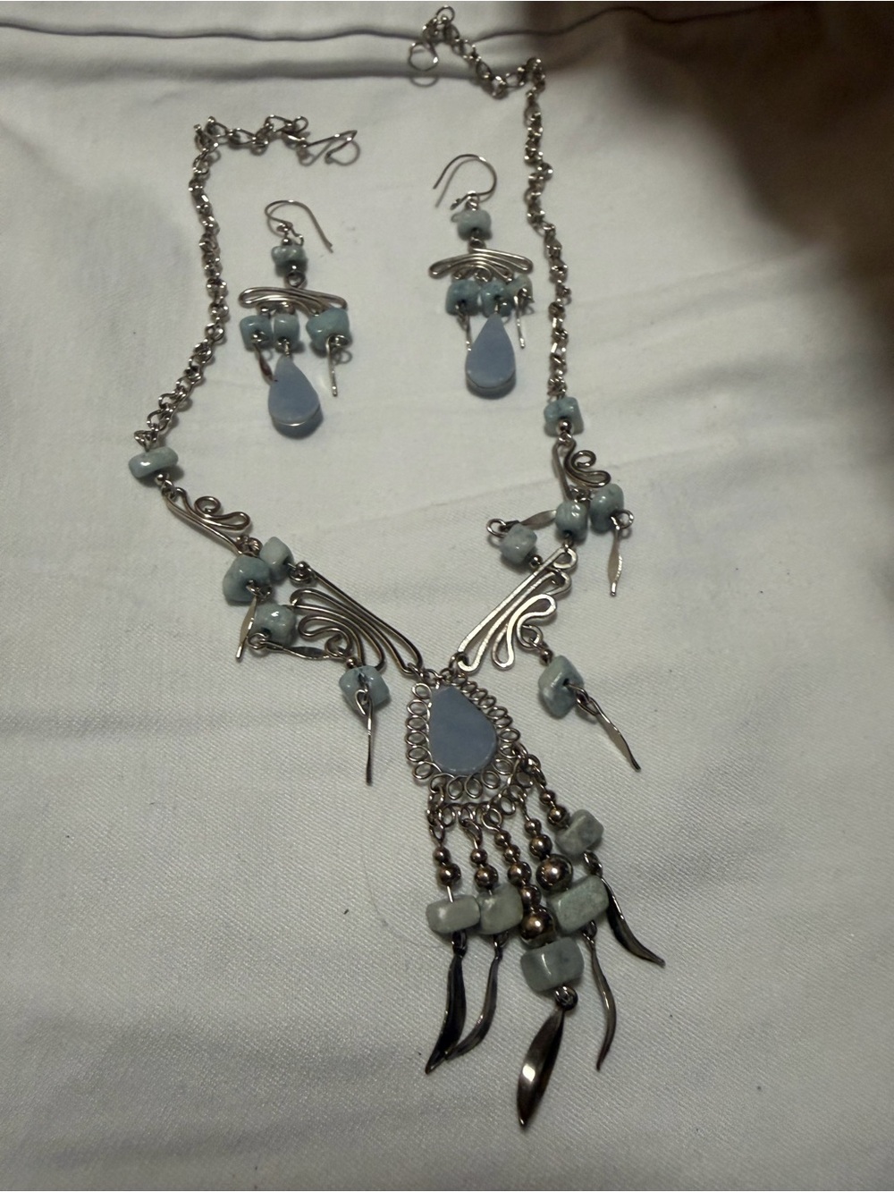 Silver-Tone Blue Drop Pendant Necklace & Earrings Costume Set NWOT